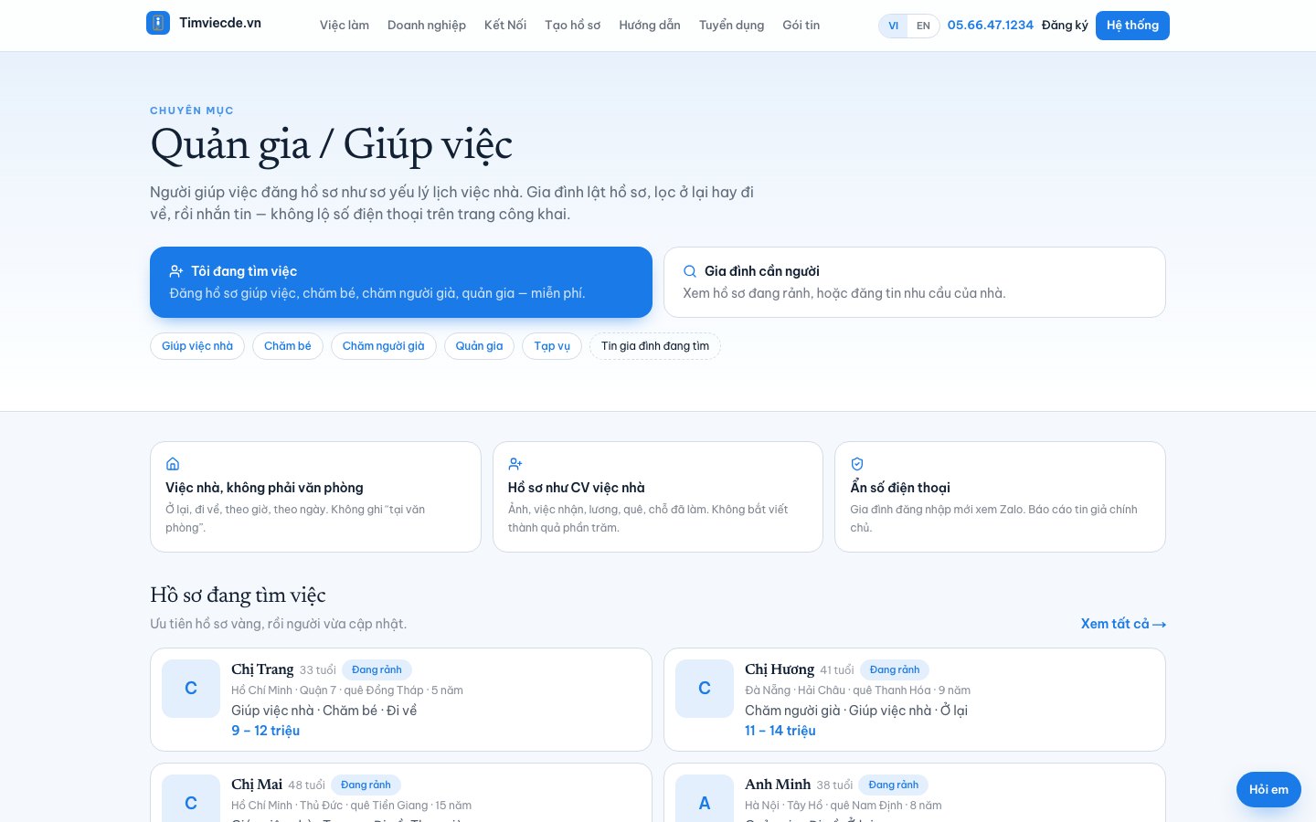 Chuyên mục giúp việc nhà, chăm bé, chăm người già trên Timviecde.vn