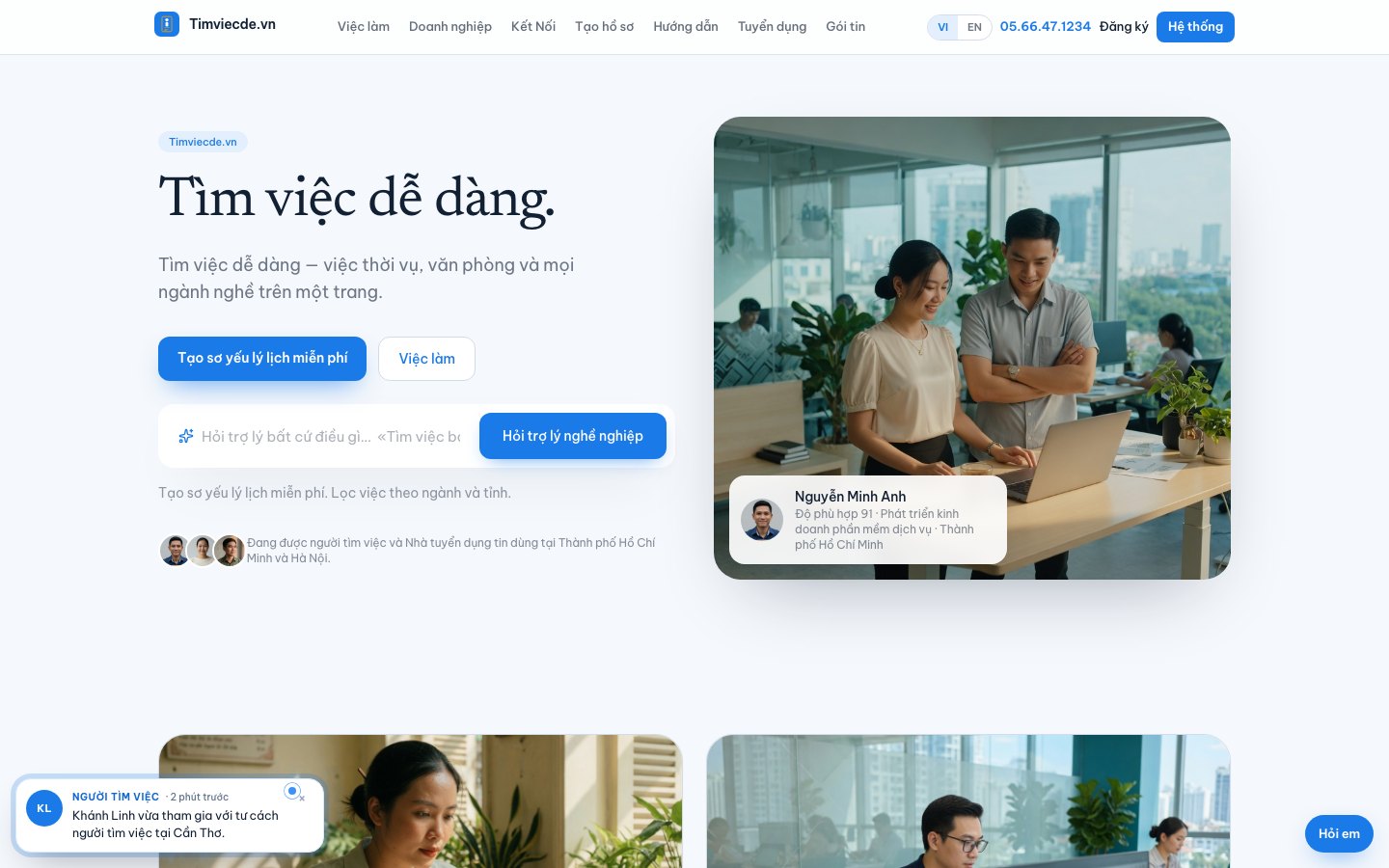 Trang chủ Timviecde.vn với nút tạo sơ yếu lý lịch và ảnh đội ngũ tại Thành phố Hồ Chí Minh