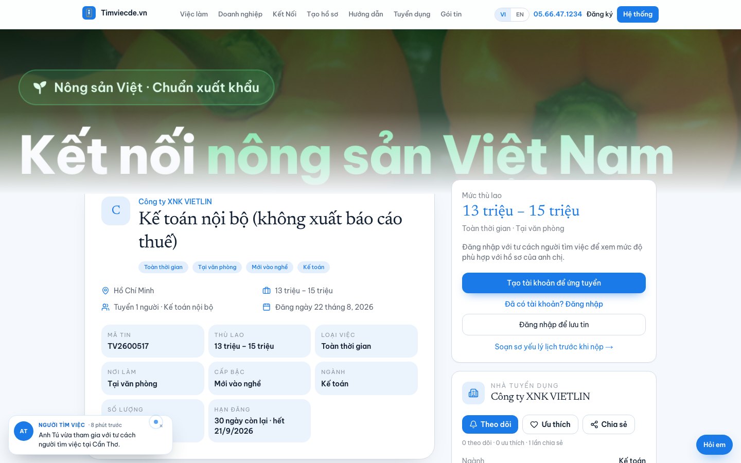 Trang tin Kế toán nội bộ của Công ty XNK Vietlin, mã TV2600517